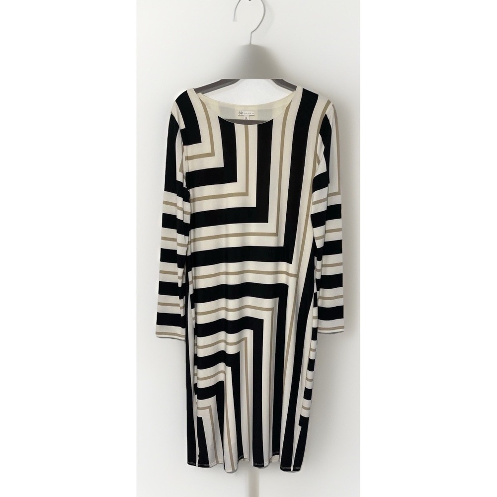 Cato Geometric Print Long Sleeve Midi Dress Womens Size XL Black‎ White Khaki - Picture 2 of 8
